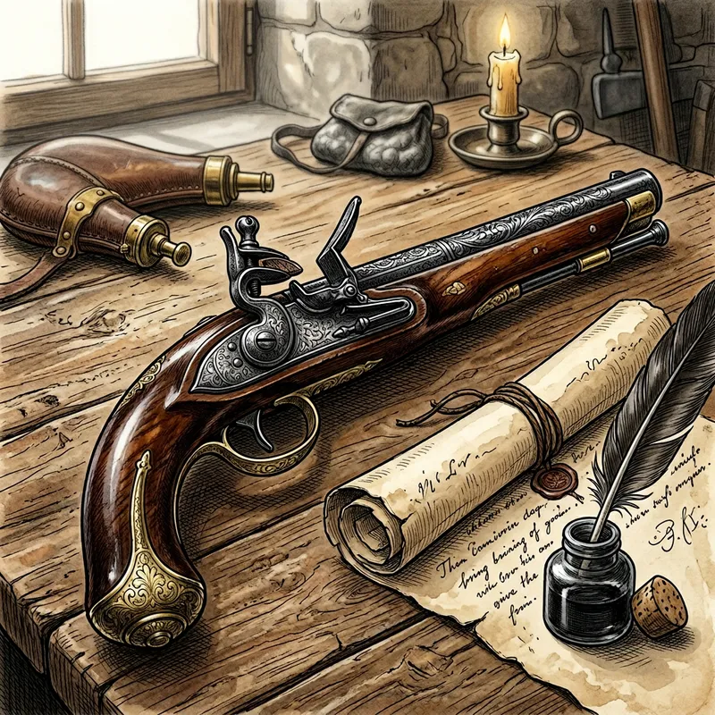 Vintage Black Flintlock Pistol with Floral Designs | Detailed Illustration Vintage Black Flintlock Pistol with Floral Designs | Detailed Illustration