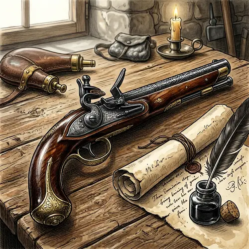 Vintage Black Flintlock Pistol Illustration | Exquisite Floral Designs