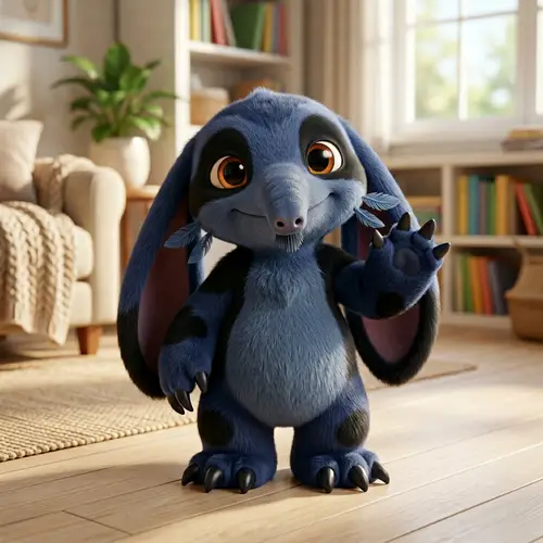 Navy Blue and Black Stitch-Like Alien Character Design