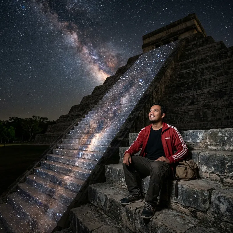 Indonesian Man in Red Adidas Jacket at Mayan Pyramid in Yucatan Indonesian Man in Red Adidas Jacket at Mayan Pyramid in Yucatan