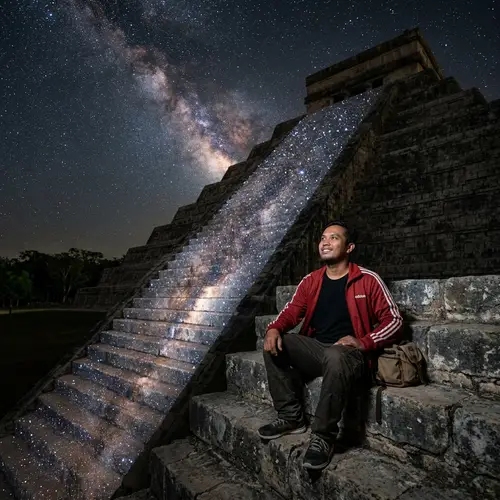 35-Year-Old Indonesian Man at Mayan Pyramid in Yucatan