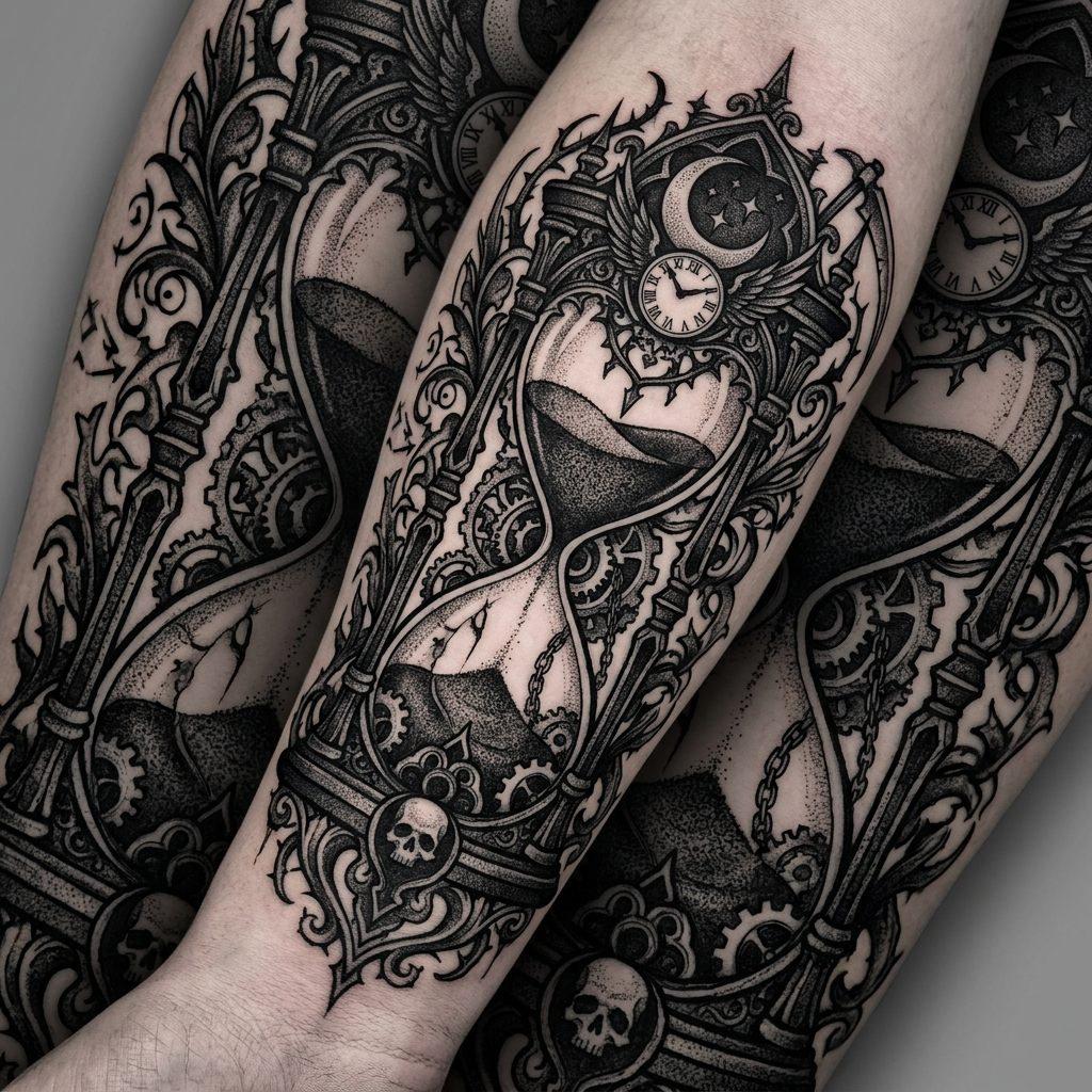 Mysterious Gothic Timer Blackwork Tattoo | AI Art Generator | Easy