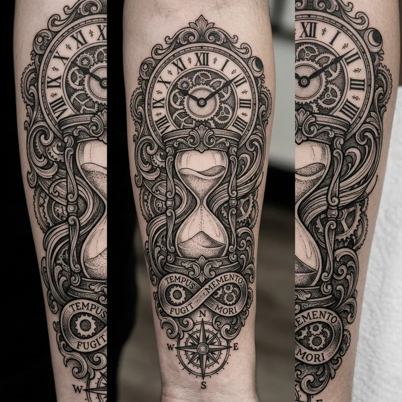 Time Tattoo Design - Monochrome Hourglass & Roman Numerals