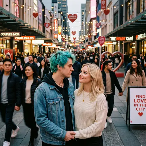 Finding Love in a Bustling City: Turquoise-haired Man and Blonde Woman