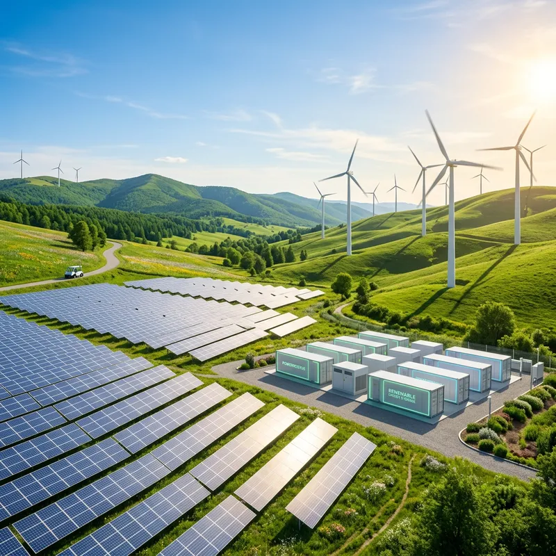 Futuristic Green Energy: Solar Panels, Wind Turbines & Battery Storage