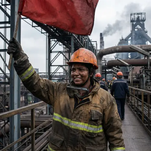 Powerful Worker in Heavy Industry with Red Flag