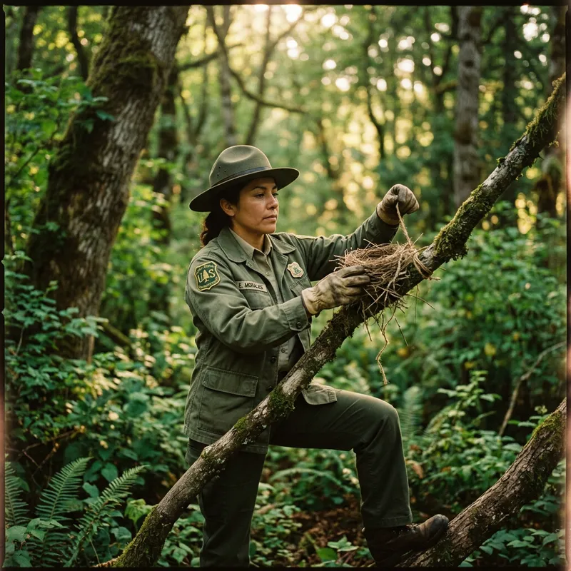 Forest Ranger Protecting Bird's Nest in Vibrant Nature Scene