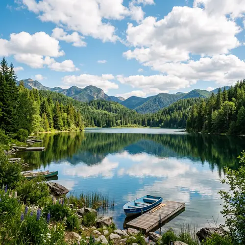 Tranquil Blue Lake Surrounded by Lush Green Trees