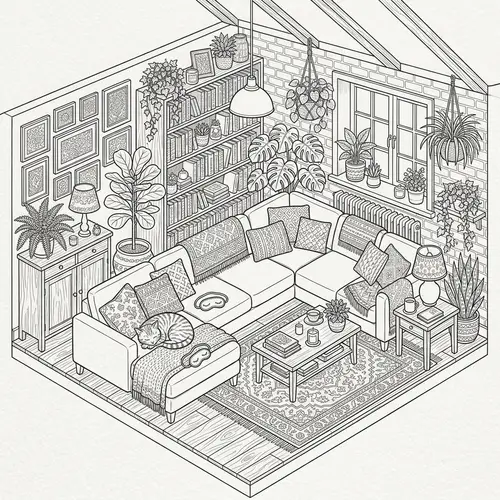 Cozy Isometric Living Room Colorbook for Adults