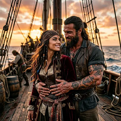 Enchanting Pirate Princess Embraced by Her Husband