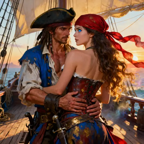 Enchanting Pirate Princess Embraced by Her Husband
