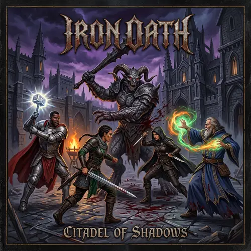 Dark Souls Style Album Cover with Four Heroes Battling Giant Villain