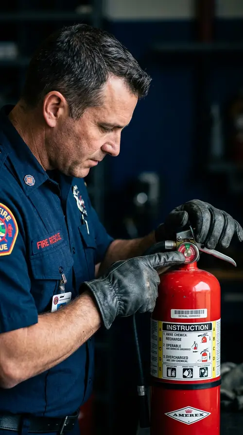 Firefighter Inspects Fire Extinguisher with Care