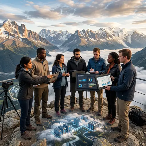 Diverse IT Managers Overseeing Cloud Service Costs in Mountain Valley