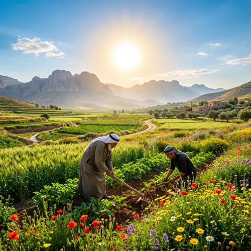 Radiant Sun Landscape: Tranquil Oasis of Green Fields and Wildflowers