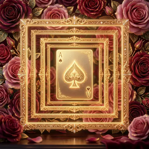 Golden Glowing Ace Poker Card in Multiple Square Frame with Rose Backdrop