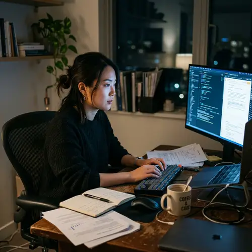 Diligent East Asian Woman Working at Computer
