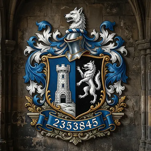 Family Crest with Tower and Wolf in Blue, White, Black