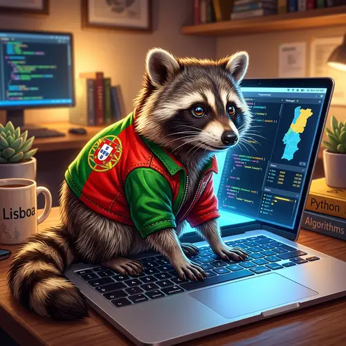 Curious Raccoon on Laptop with Portuguese Flag Jacket - Digital Art