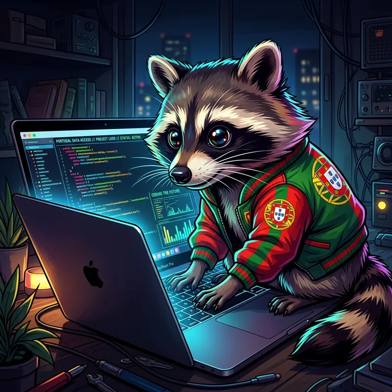 Curious Raccoon on Laptop with Portuguese Flag Jacket