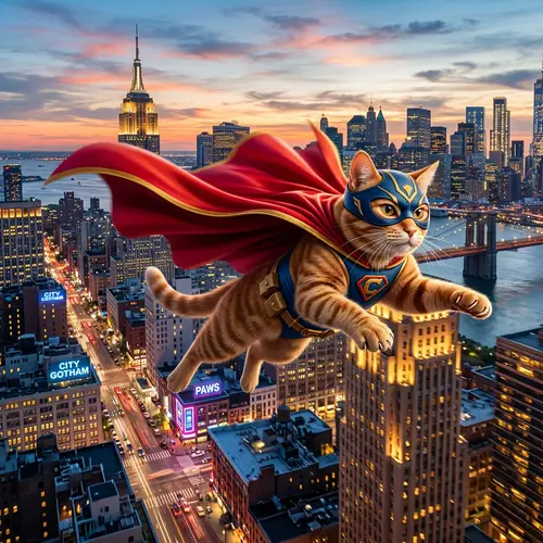 Superhero Cat in a Vibrant City