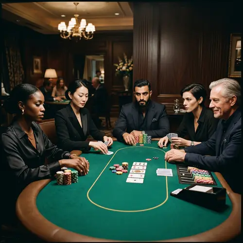 Luxurious Poker Table Showdown with Multicultural Cast