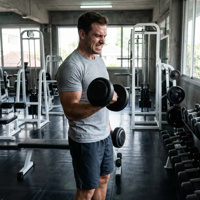 Muscular Caucasian Man Lifting Weights in a Gym