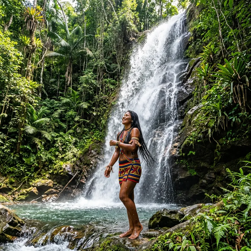 Indigenous Brazilian Woman Bathing in Waterfall | Serene Nature Experience
