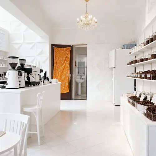 White Garage Design for Coffee Shop Startup