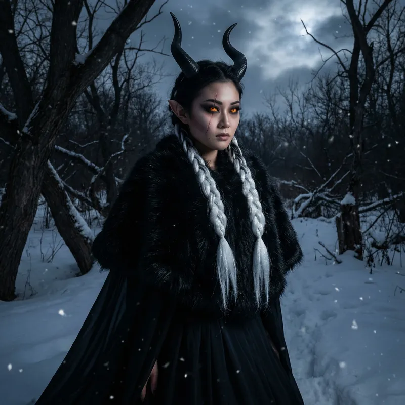 Dark & Mysterious Asian Demoness in Snowy Forest