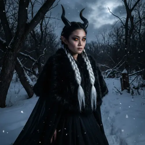 Asian Demoness in Snowy Forest: Dark & Mysterious Energy