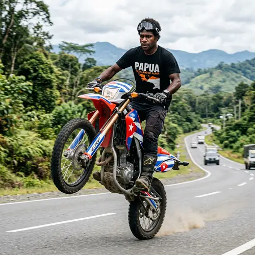 Melanesian Man Riding CRF Motorbike in Balance Wheeling feat