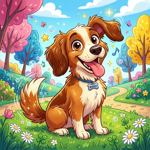 Playful Cartoon Dog in Energetic Environment
