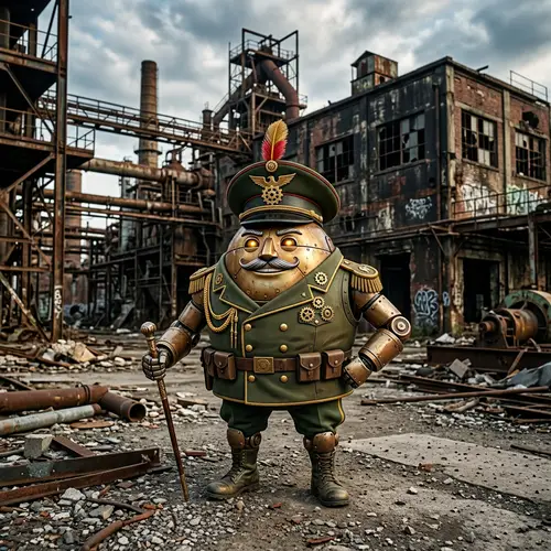 Confident Smesharikov in Military Outfit at Destroyed Factory
