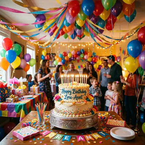 Jubilant Birthday Celebration Scene with Luscious Cake and Decor