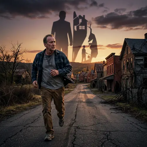 Haunted Past: Middle-aged Man Sprinting Towards Mysterious Town