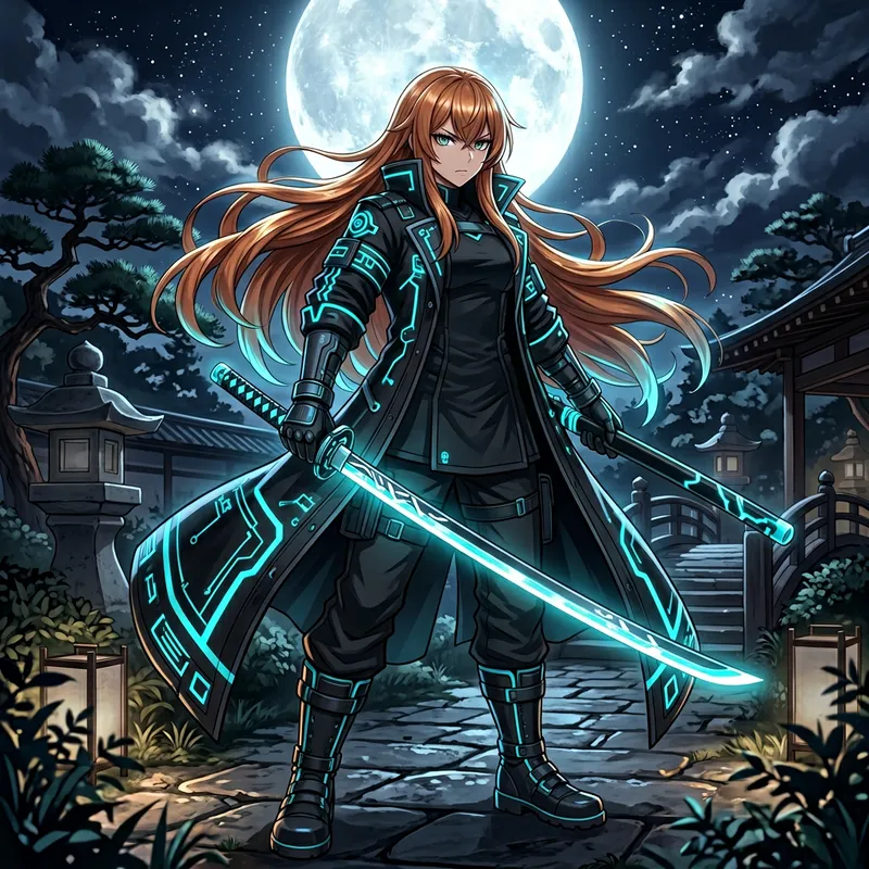 Mysterious Anime Girl with Luminescent Cyan Katana