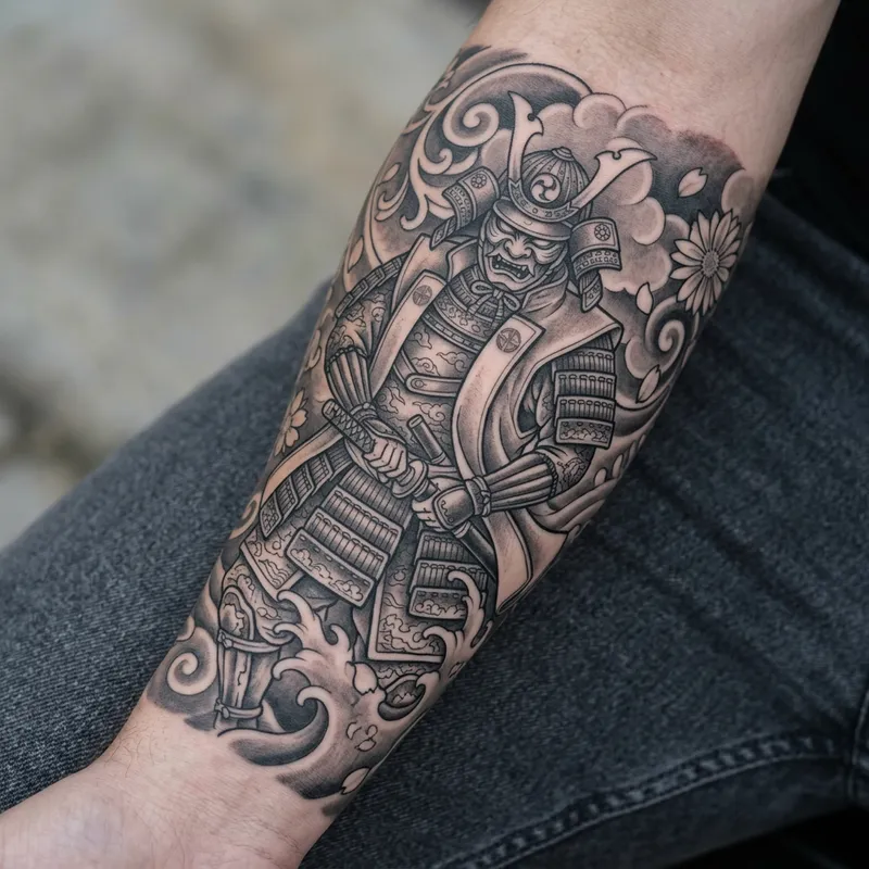 Traditional Japanese Samurai Forearm Tattoo: Strength and Honor