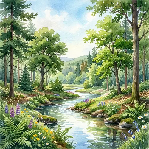 Serene Watercolor Forest Landscape Art