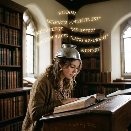 Mystical Library Scene with Colander Hat