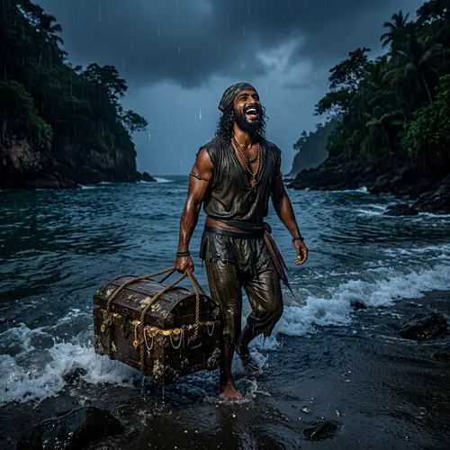 Night Scene Pirate Emerges with Treasure Chest in Rain