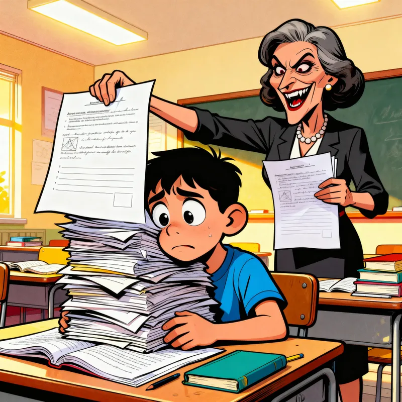 Overwhelmed Child at School Desk: Political Cartoon