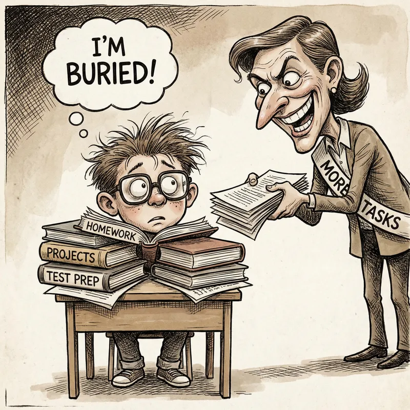 Overwhelmed Child at School Desk: Political Cartoon