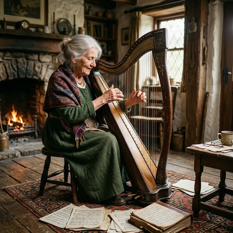 Vintage Granny Harp Musician in Rustic Setting