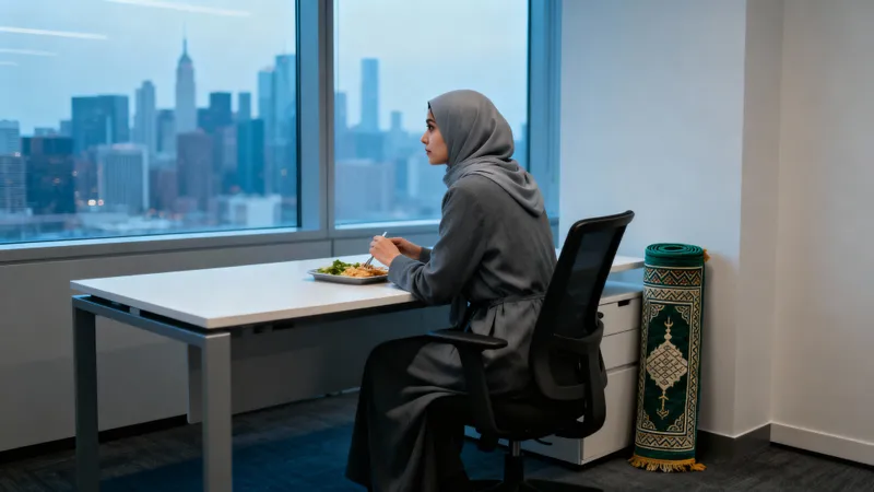 Reflective Lunch Break for a Muslim Woman at Work