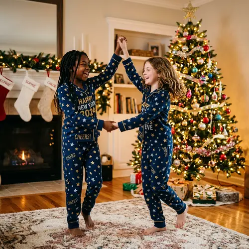 Heartwarming Image of Diverse Twin Sisters Dancing by Christmas Tree