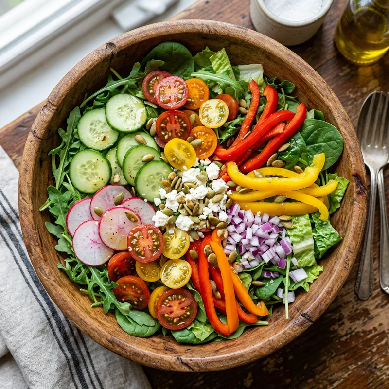 Lively Vegetable Salad in Wooden Bowl | Food Photography Masterpiece Lively Vegetable Salad in Wooden Bowl | Food Photography Masterpiece