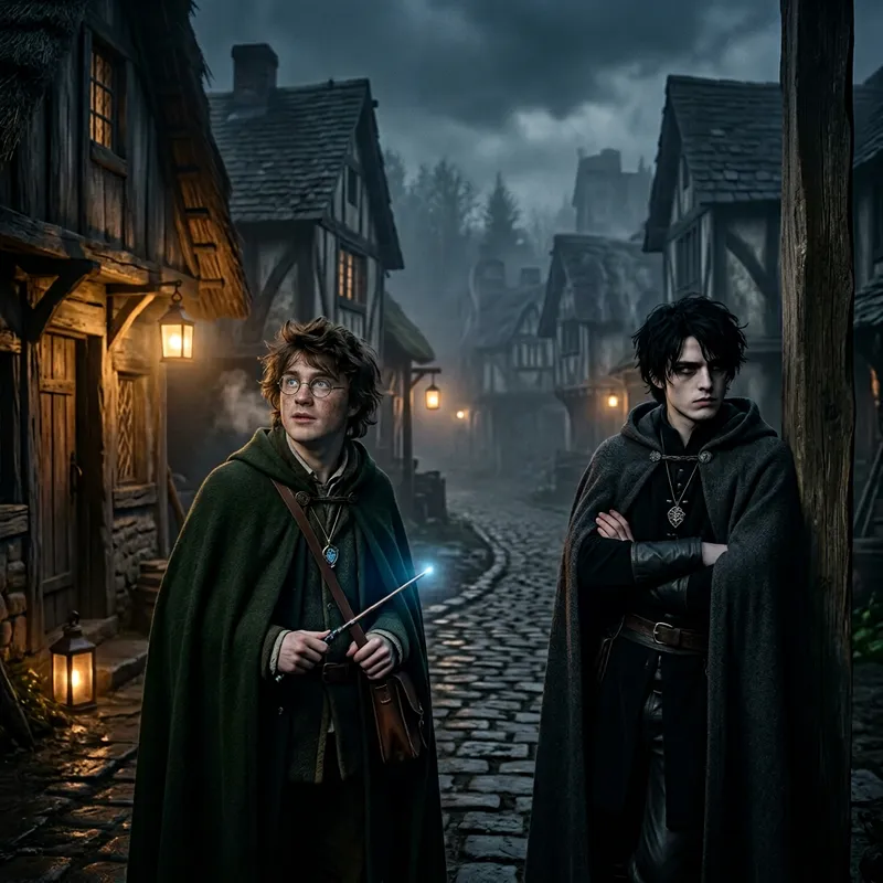 Harry Potter and Tom Riddle in Foggy Rural Village Late at Night