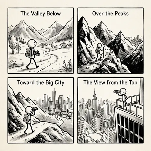 Black and White Book Illustration of a Stickman Adventure