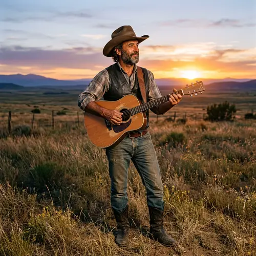 Tranquil Middle-Eastern Cowboy Playing Acoustic Guitar at Sunset